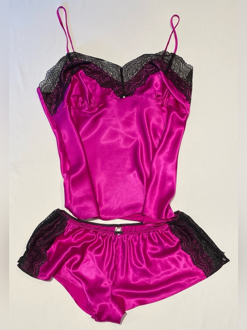 Victoria's Secret Satin Sleep Set in Fuchsia with Black Lace, size L